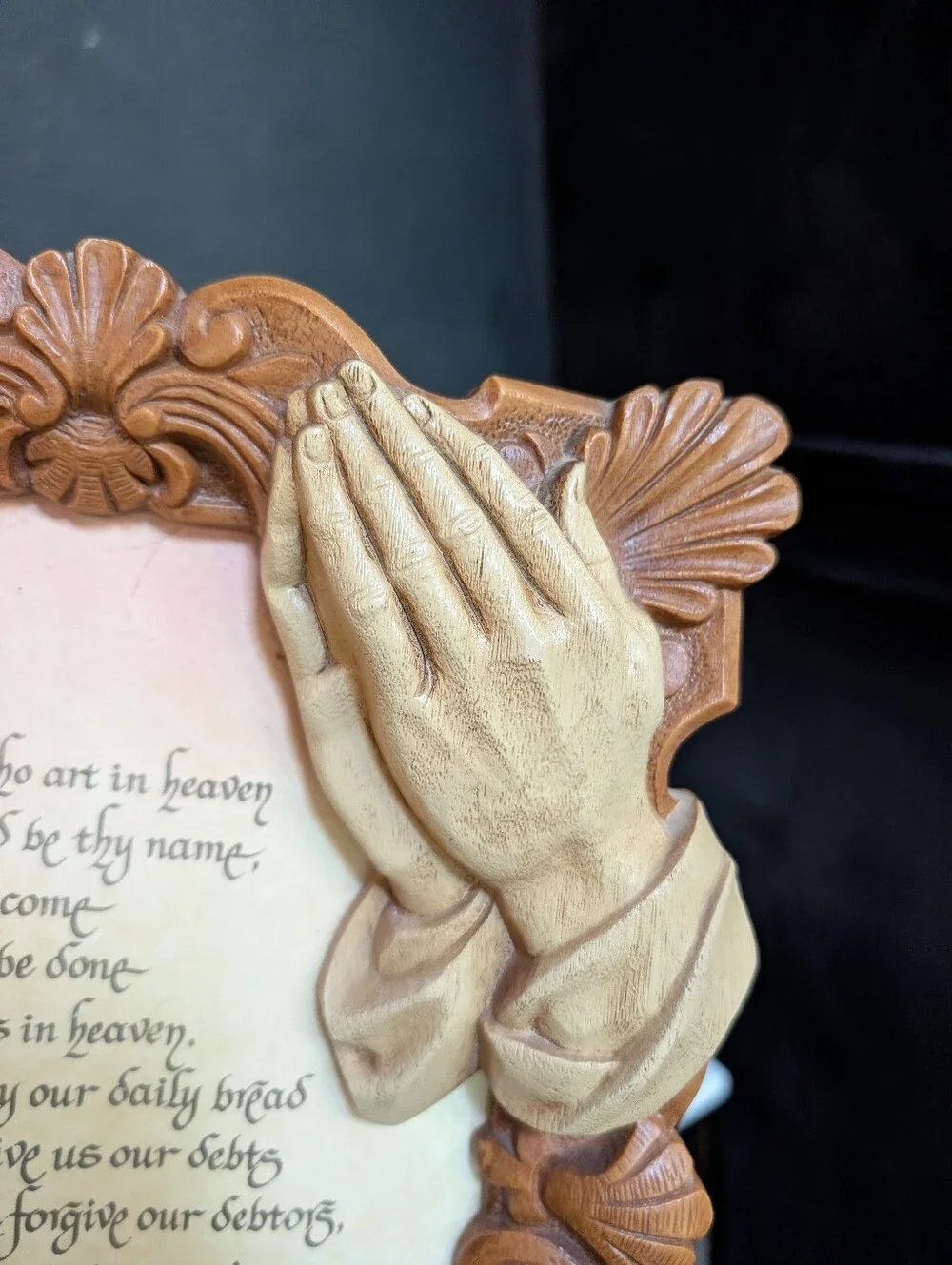 Vintage Burwood 3D Religious Art The Lords Prayer in Ornate Praying Hands Resin